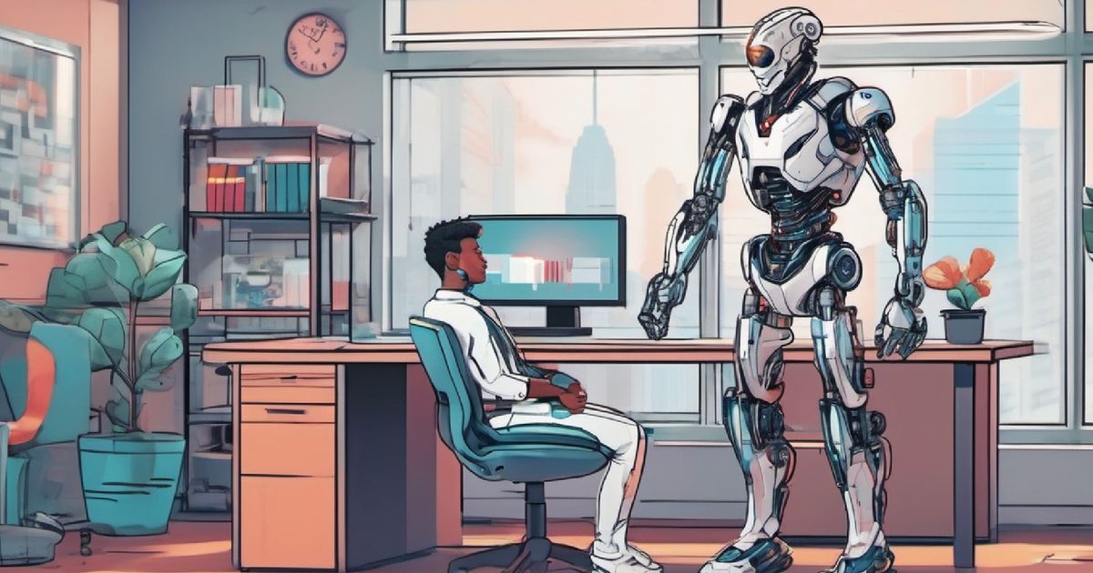 Kid sitting at a desk talking to an AI robot in a nicely lit office space