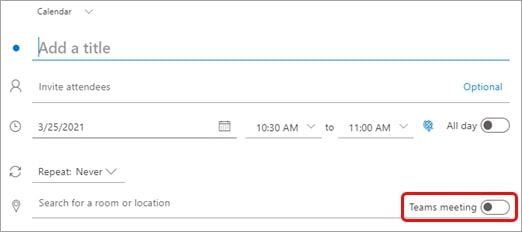 A screenshot of the Teams Meeting toggle button on Microsoft Outlook on web.