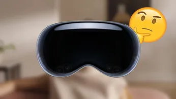 Apple Vision Pro in front of a blurred press image and a thinking emoji