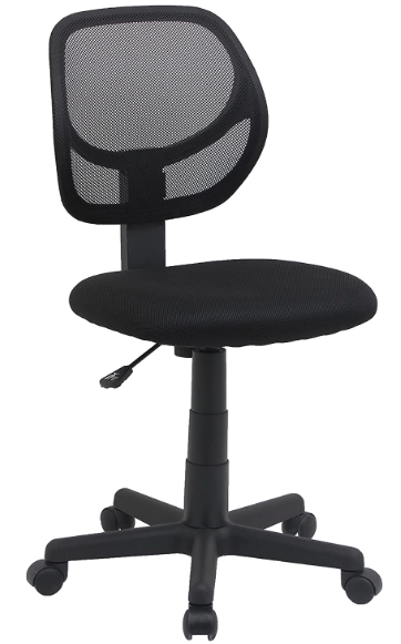 Amazon Basics Low-Back Desk Chair product image of black mesh chair.