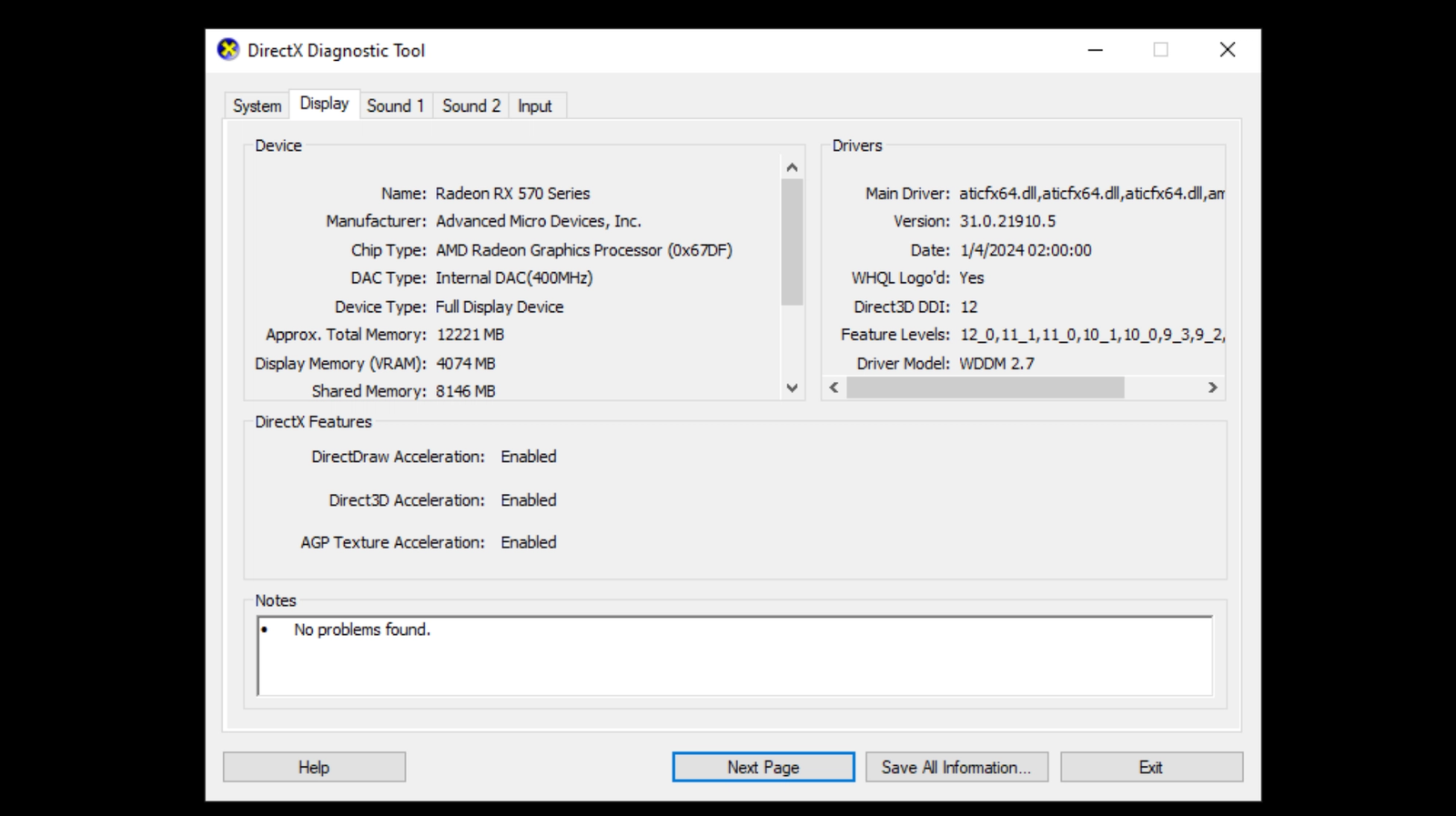 DirectX Diagnostic Tool to check AMD drivers