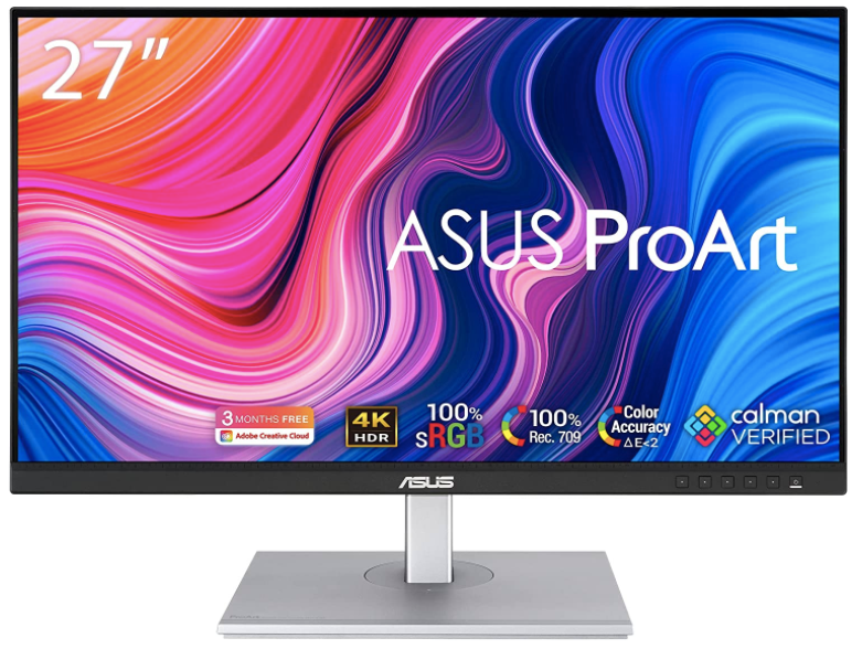 ASUS ProArt PA279CV product image of a silver and black monitor with a wavy orange, pink, blue, and purple pattern on the display.