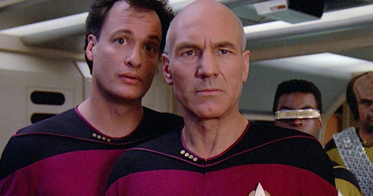 Jean-Luc Picard and Q standing on the bridge of the Starship Enterprise