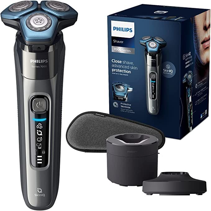 Philips Shaver Series 7000 product image of a grey, black, and blue razor with a three-pronged head, the razor next to its box. 