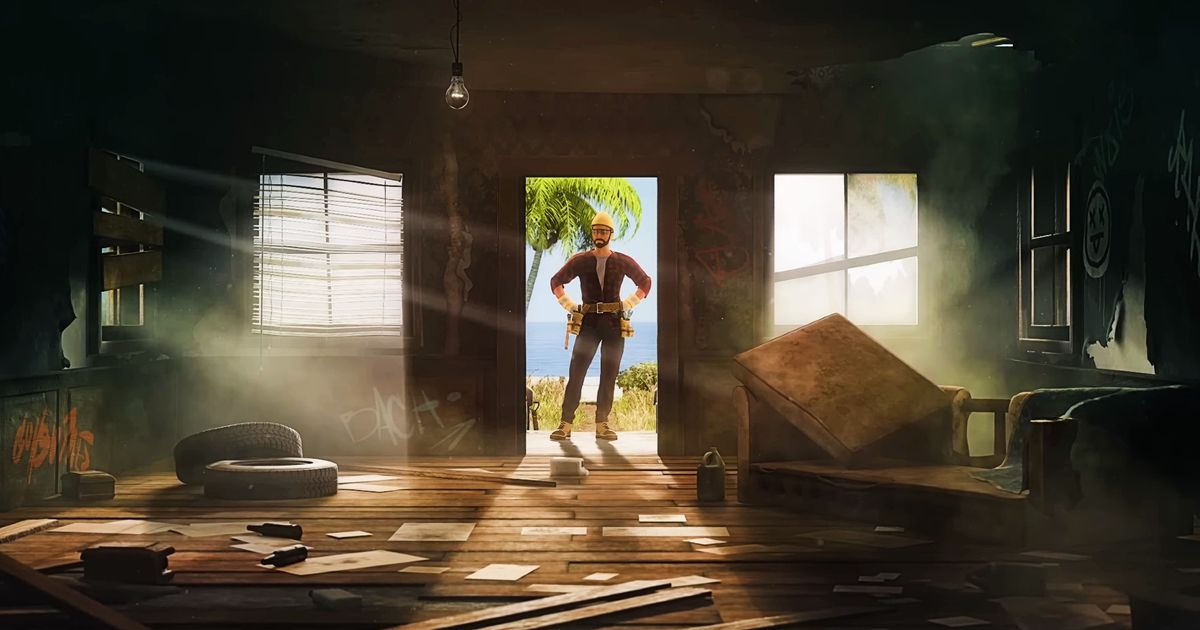 House Flipper 2 - man in a hard hat stands in the doorway of an abandoned house