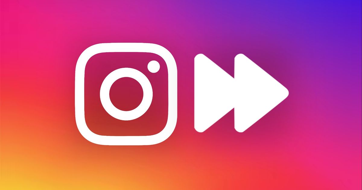 Instagram logo alongside a fast forward icon on a colourful gradient background