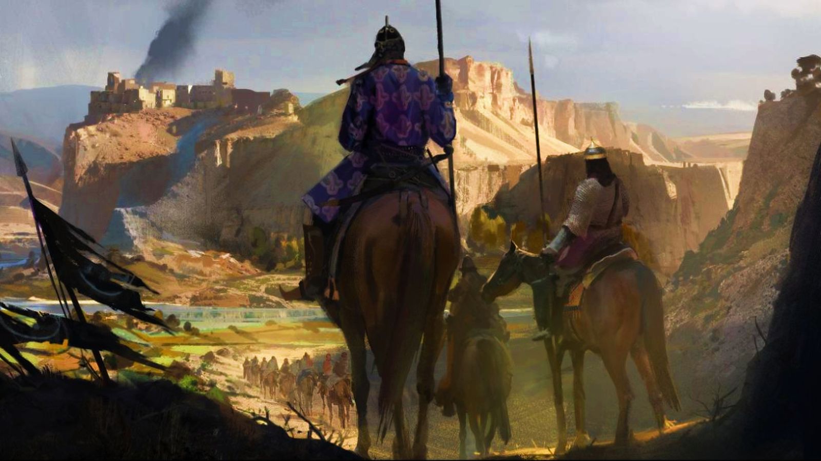 Crusader Kings 3 Persian soldiers on horses, riding towards a castle on a hill.
