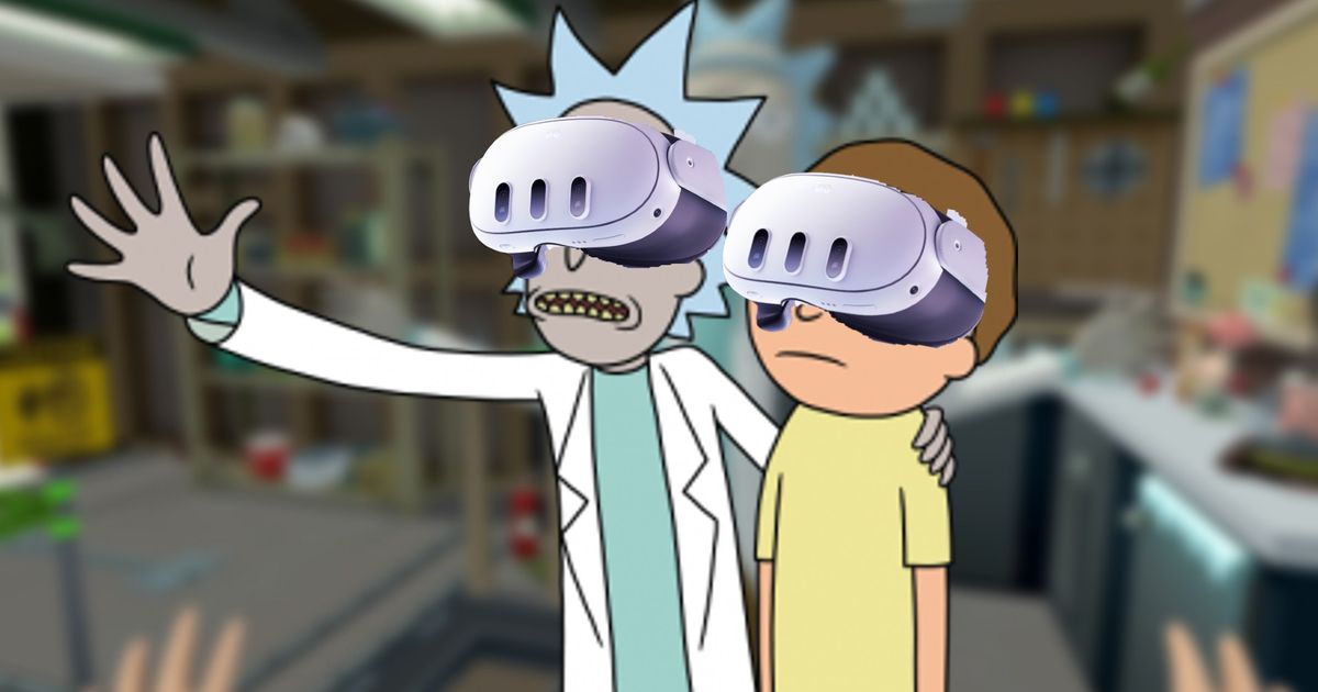 Rick and Morty standing in a blurred garage wearing Meta Quest 3 VR headsets