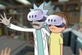Rick and Morty standing in a blurred garage wearing Meta Quest 3 VR headsets