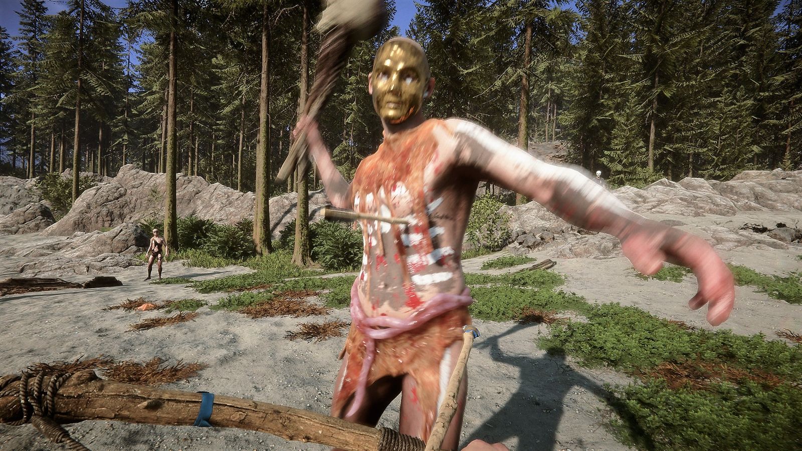 Sons of the Forest inventory bug guy about to axe you