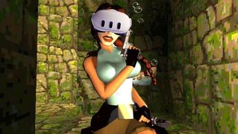 Lara Croft from Tomb Raider 1996 wearing a Meta Quest 3 headset