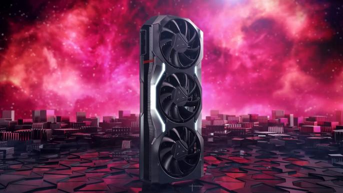 amds rdna 3 rx 7900 xtx throws down the gauntlet to nvidia the new graphics card against a red space backbround