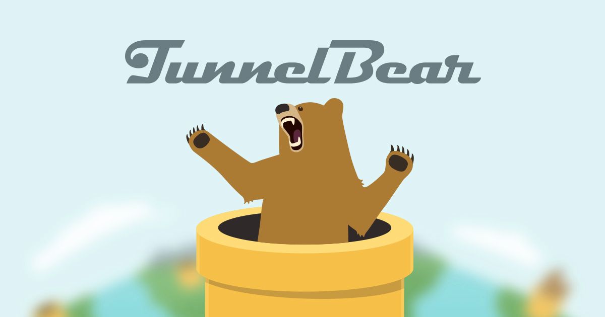 A brown bear popping out of a yellow tube below dark blue TunnelBear branding.