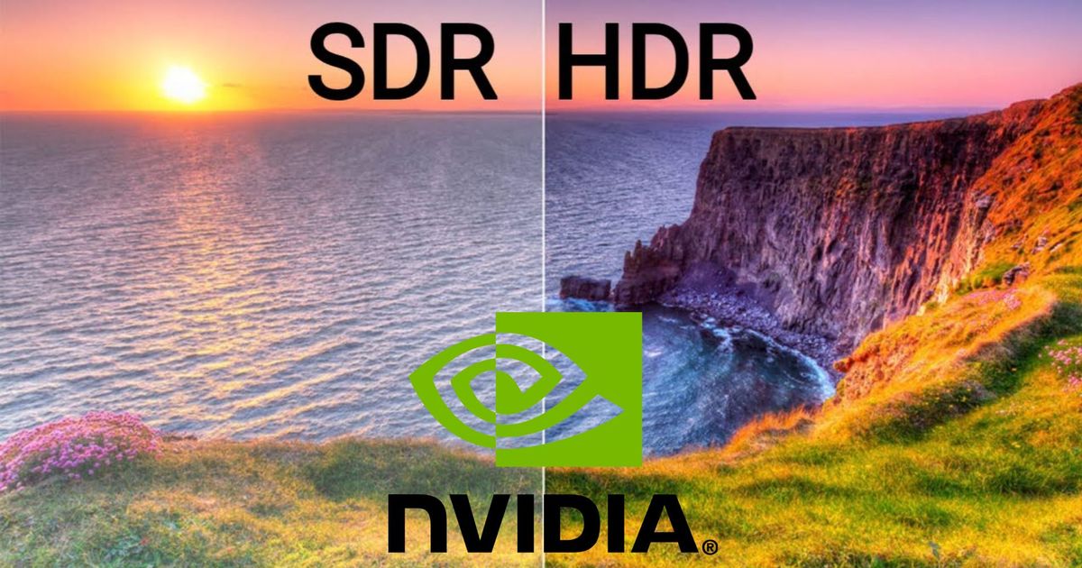 nvidia logo with sdr and hdr comparison in background