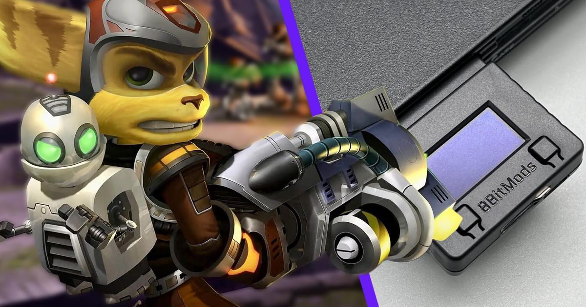 The MemCard Pro2 PS2 and PS1 memory card next to Ratchet and Clank 