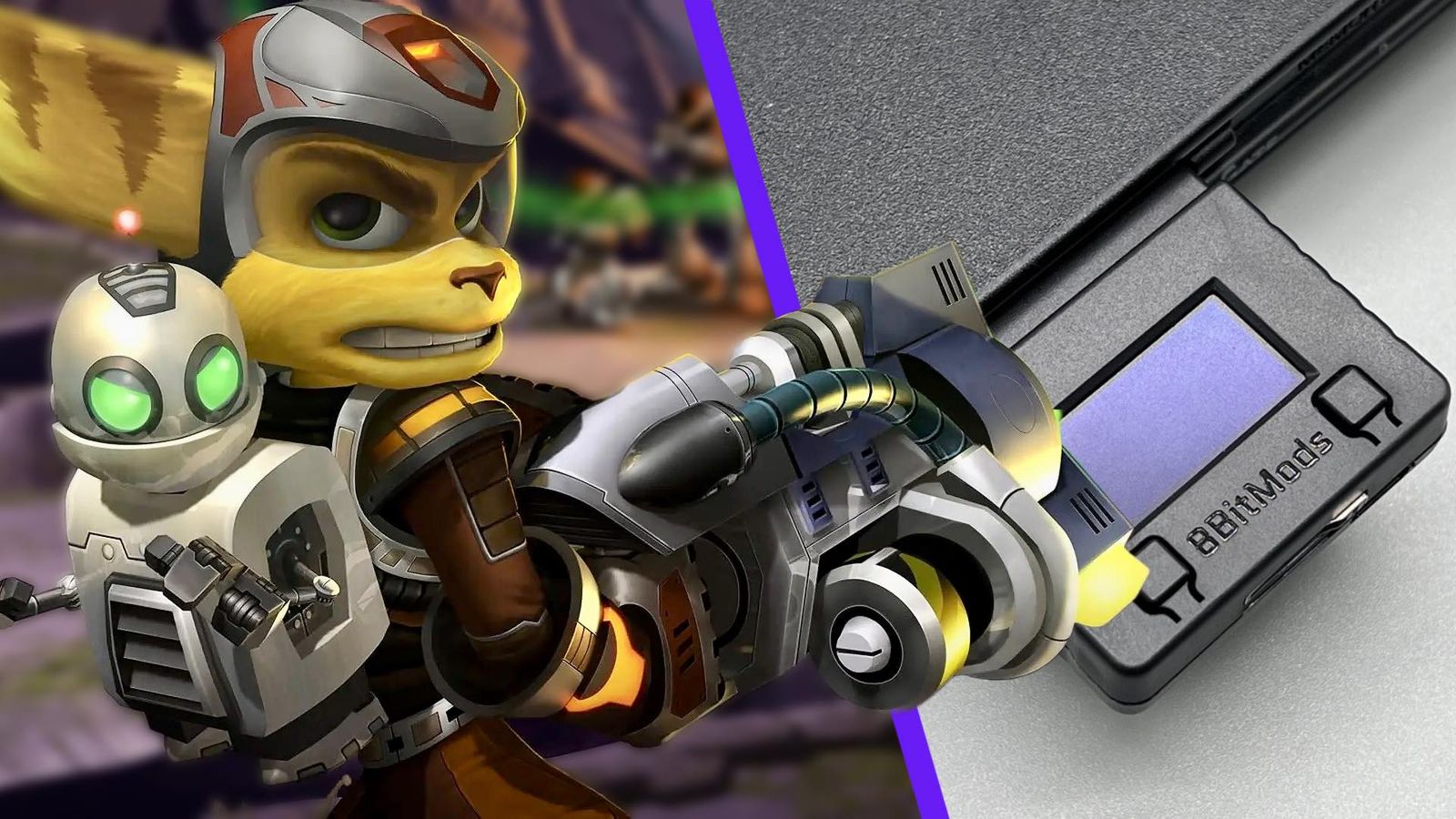 The MemCard Pro2 PS2 and PS1 memory card next to Ratchet and Clank 
