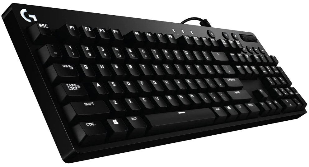 Logitech G610 Orion product image of a black keyboard with white numbers and letters on the keys.
