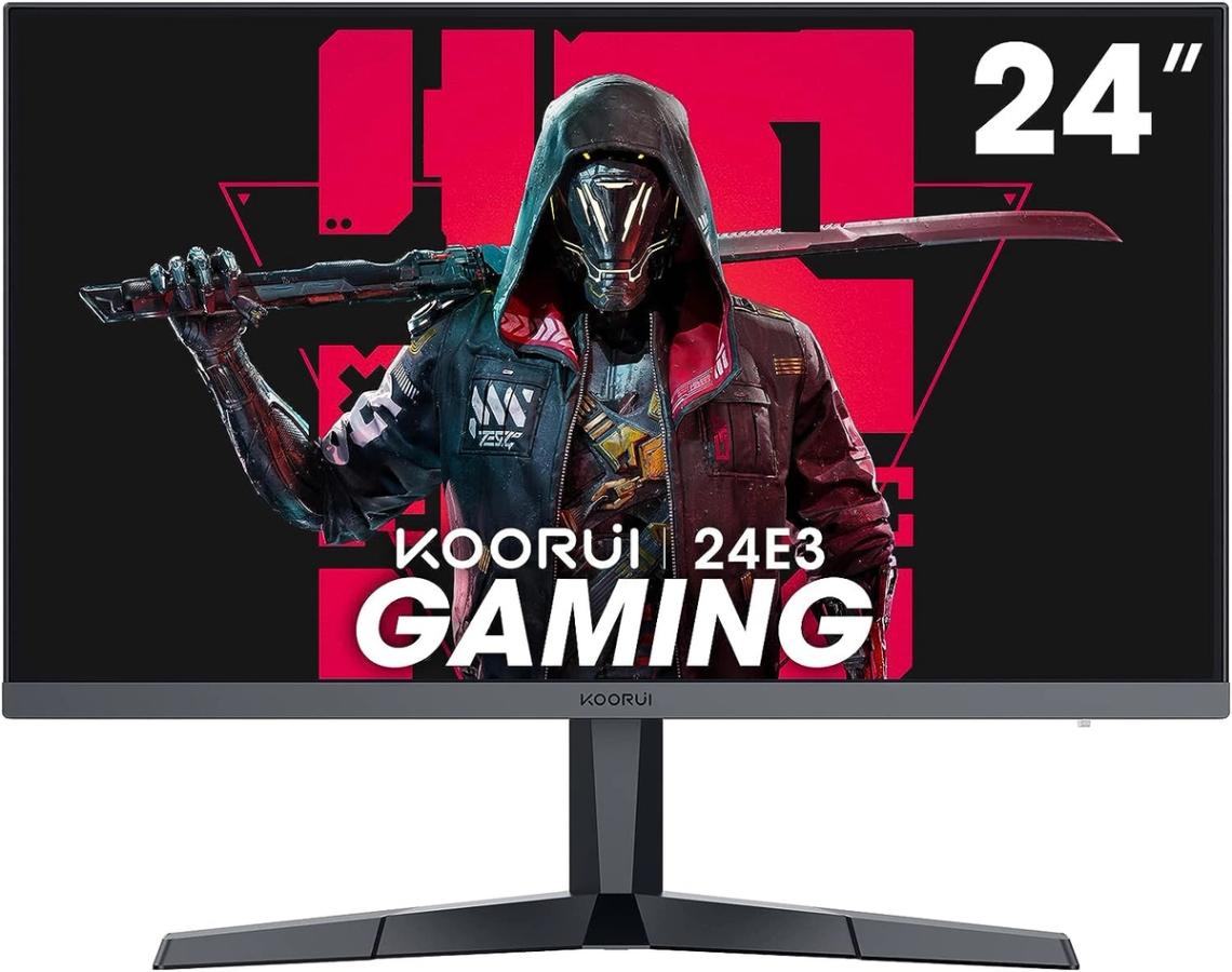 KOORUI 24-Inch Gaming Monitor product image of a dark grey monitor with a character in a hood and mask holding a sword on the display.