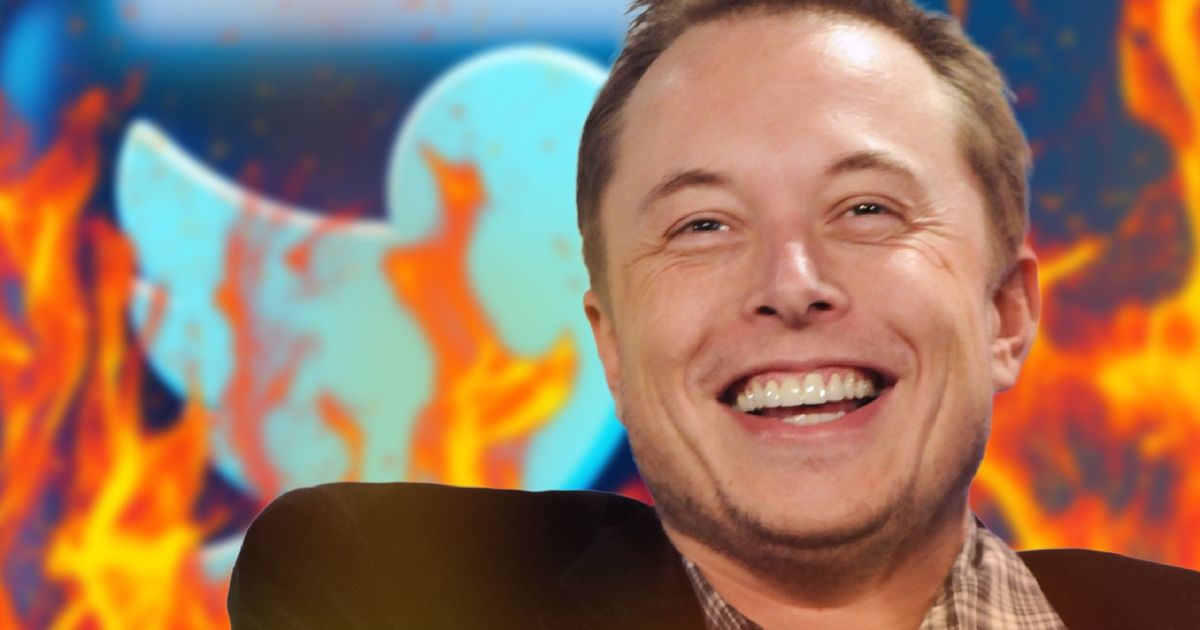 elon-musk-twitter-bankruptcy Twitter CEO Elon Musk on top of a flaming twitter logo