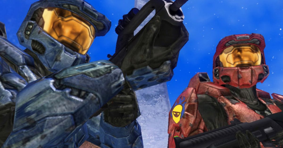 Leonard Church and Sarge from Red vs Blue wearing blue and red mjolnir armour and aiming battle rifles 