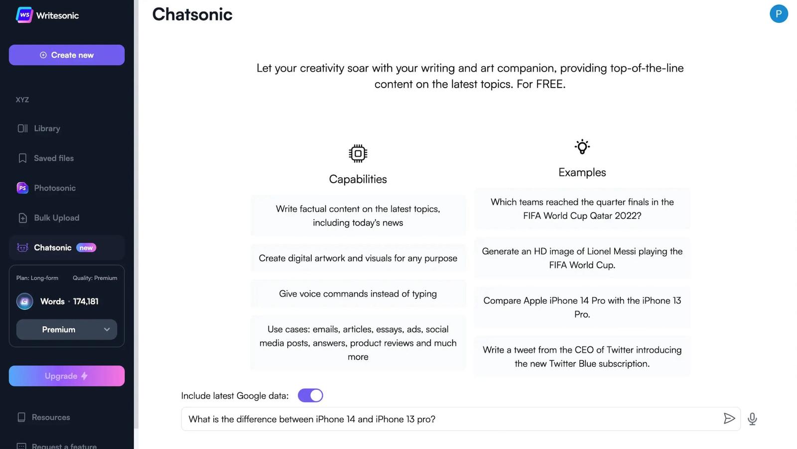 A screenshot of the web interface of ChatSonic - one of the ChatGPT alternatives.