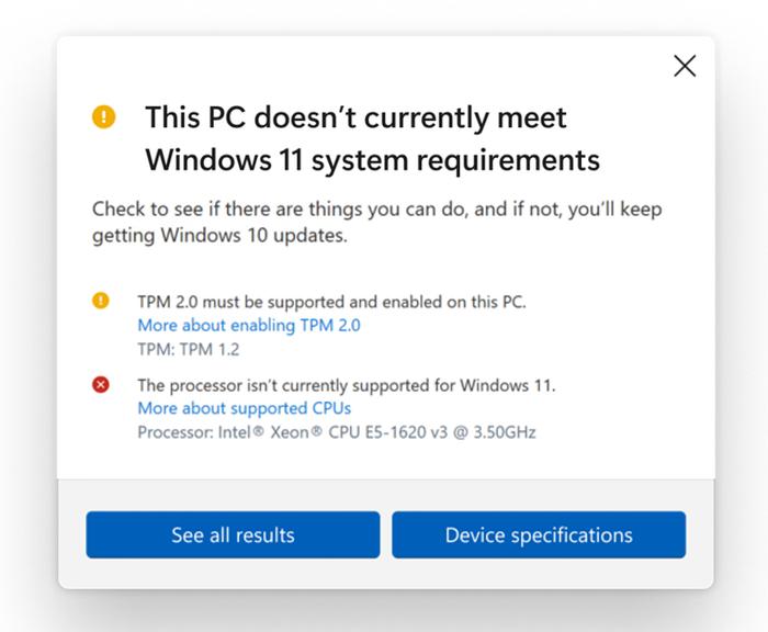 Windows 11 minimum system requirements checker |  PC Health Check app window