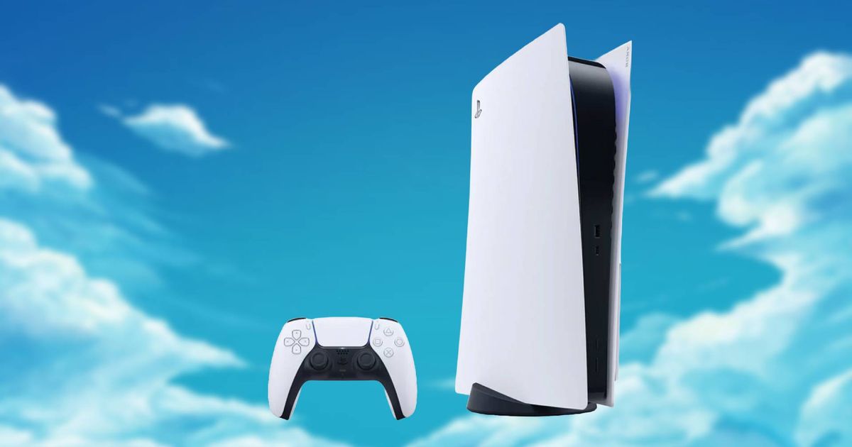 An image of PS5 console and controller with clouds in the background