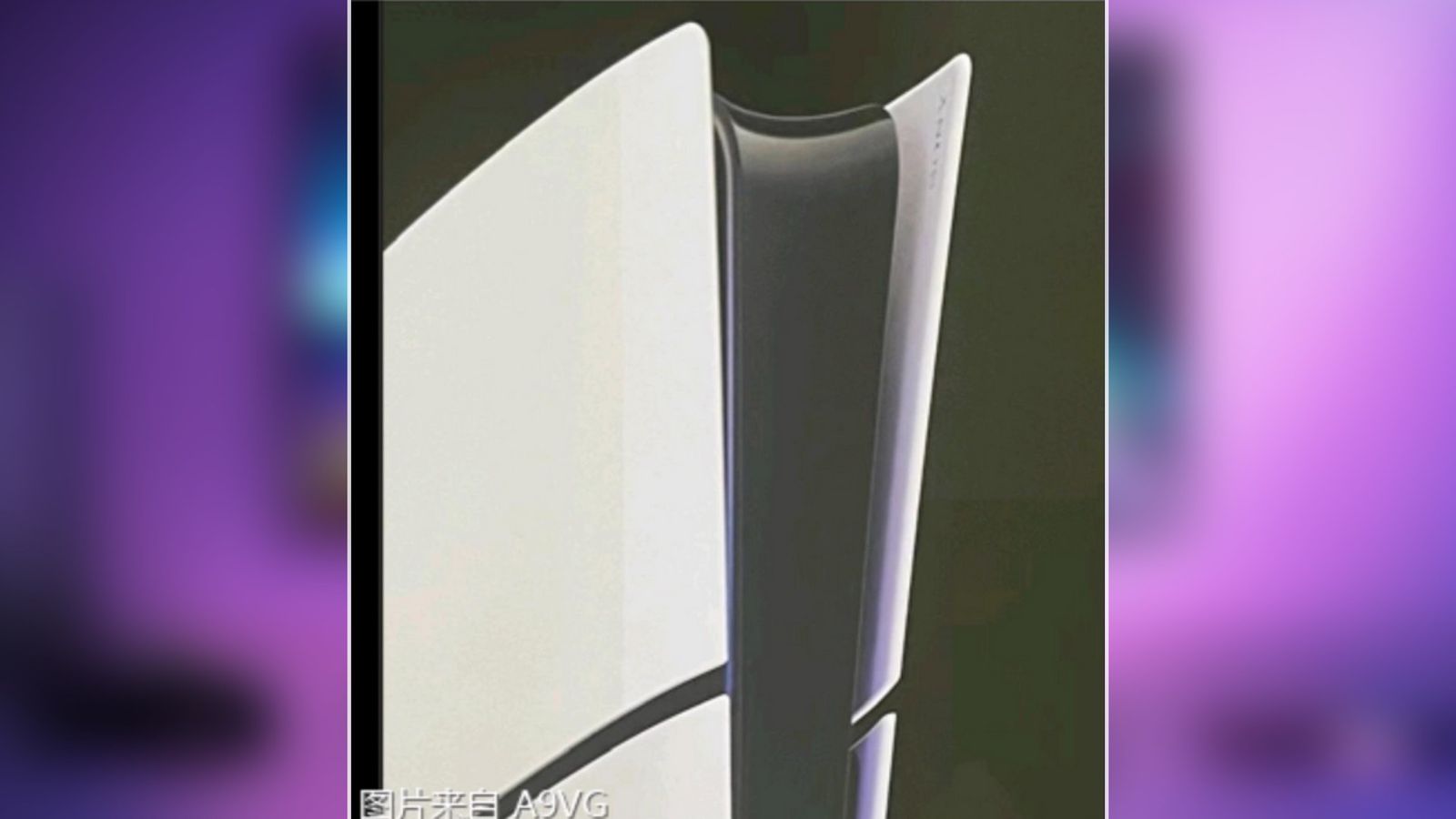 An image of the PS5 Slim leaked console on a purple background 