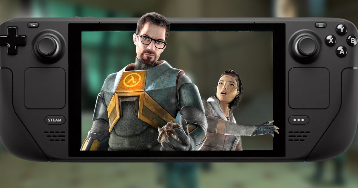 Steam Deck with Gordon Freeman and Alyx popping out of the screen