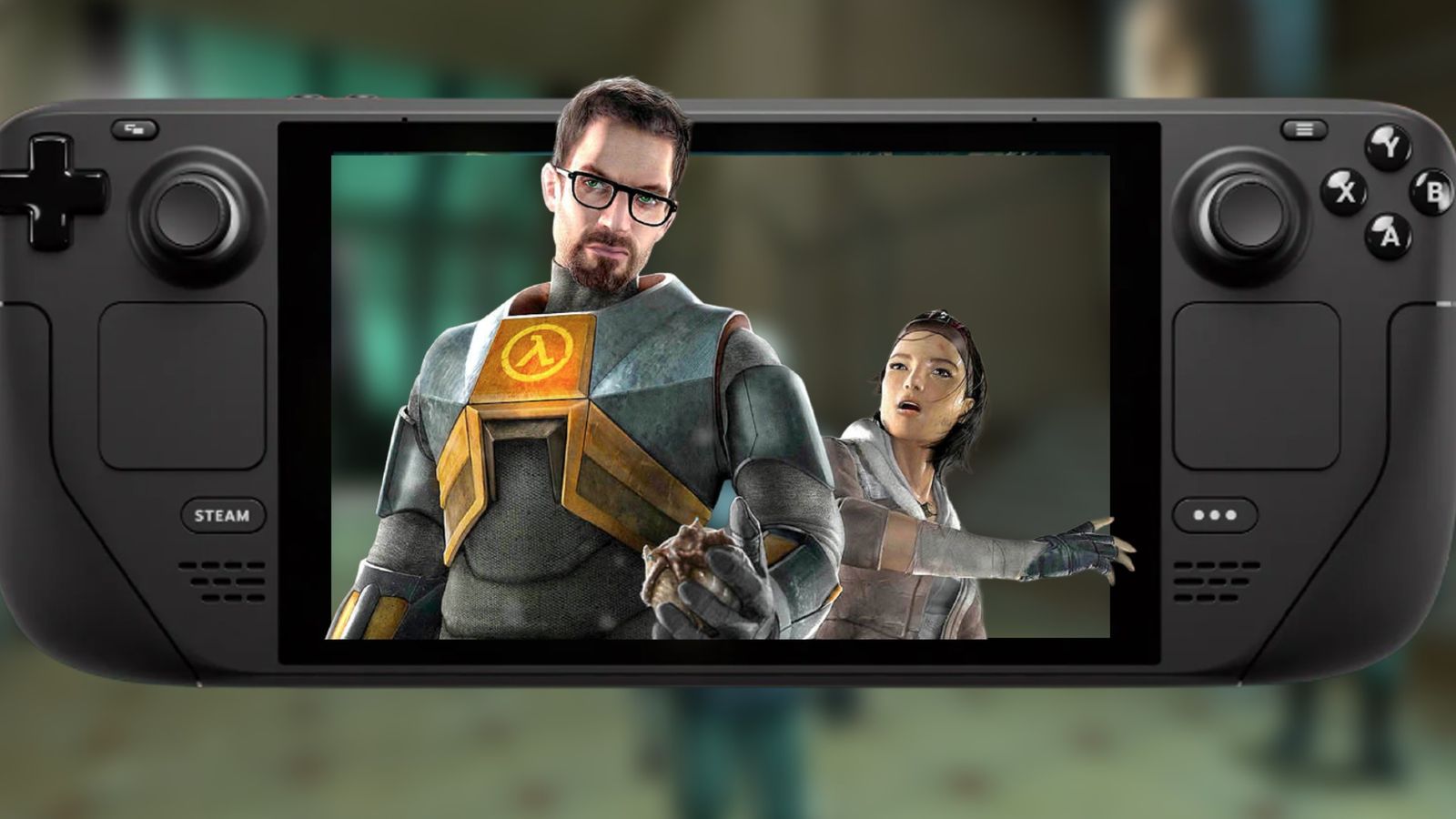Steam Deck with Gordon Freeman and Alyx popping out of the screen