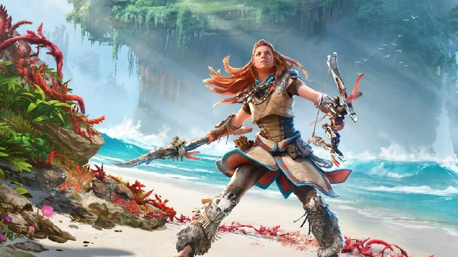 Aloy holding a bow and her spear in Horizon Forbidden West key art