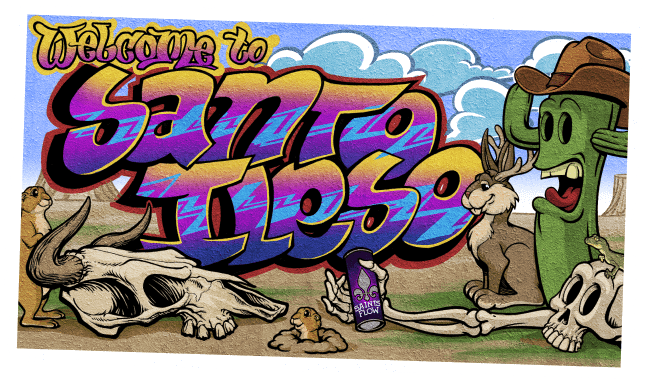 A cartoon postcard image of a cactus with a hat on, a rabbit, some gophers, a horned cow skull, and a human skull with an arm holding a can of drink, and graffiti text saying welcome to Santo Ileso - Saints Row unable to start game