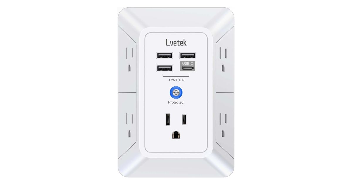 A white power outlet extender with multiple USB and wall plug ports to connect to.