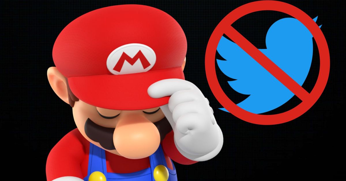 A sad Mario tipping his hat next to the Twitter logo