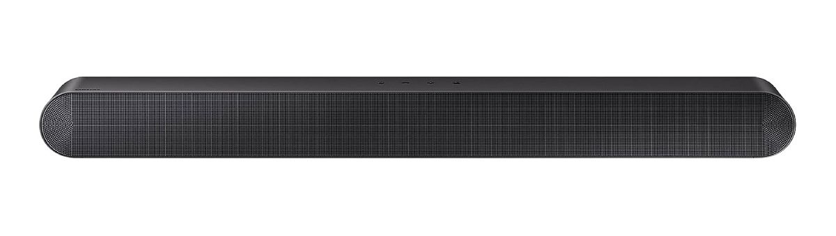 Samsung HW-S50B/ZA product image of a long black rectangular soundbar with curved edges.