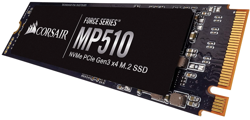 Corsair Force Series MP510 product image of a black rectangular SSD featuring grey gradient branding on top.