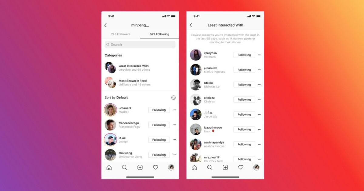 hide list - An image of the Instagram Following and Followers list 