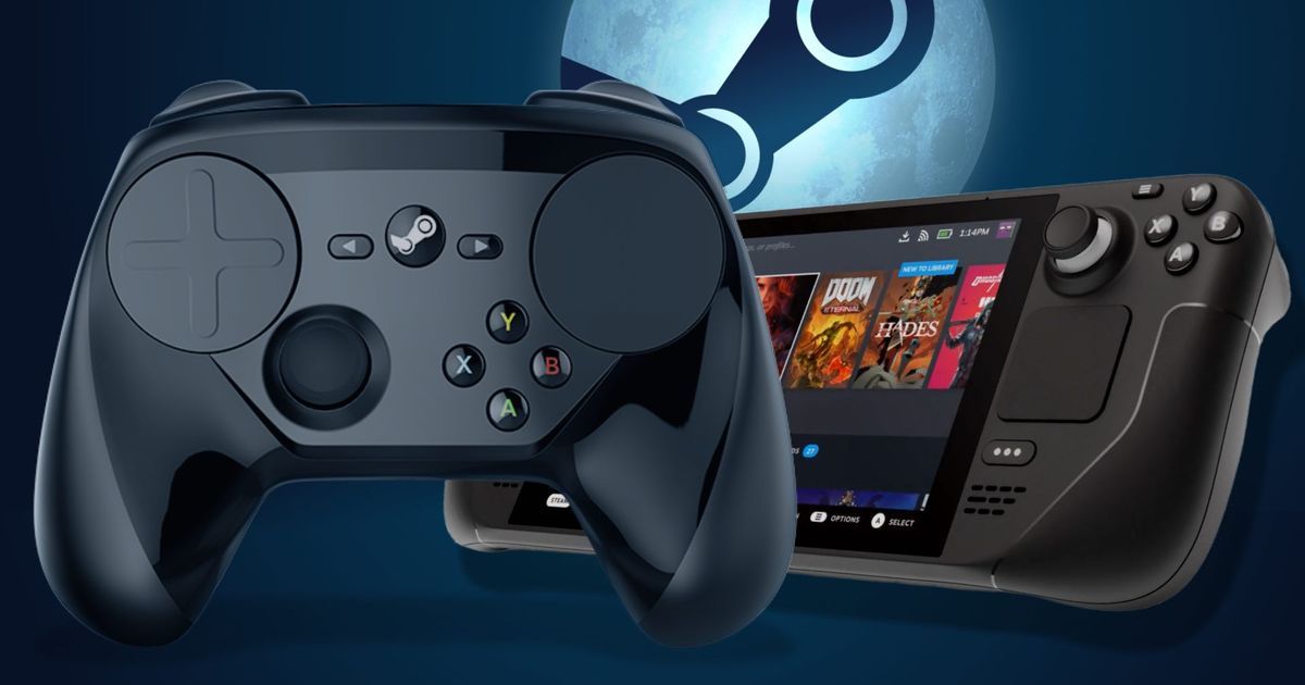 A Steam deck and steam controller on a moonlit background