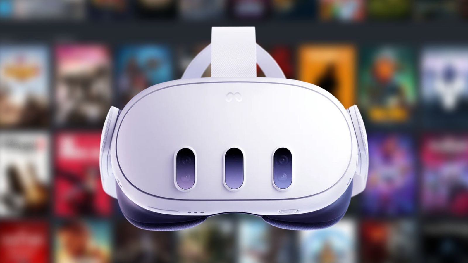 Meta Quest 3 headset in front of a Steam library page which is blurred