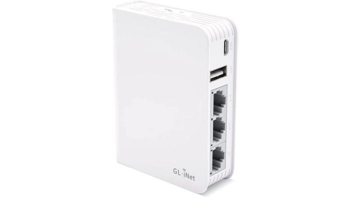Best small Wi-Fi router - GL.iNet GL-AR750 product image of a small white router from the back.