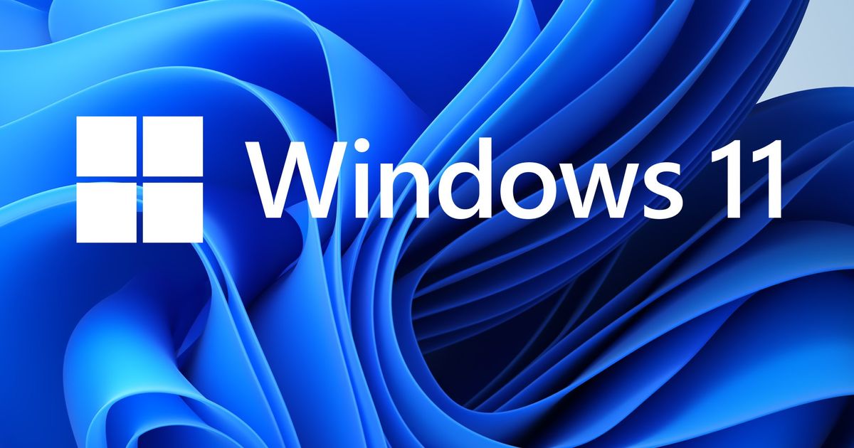 windows 11 text and logo with blue background