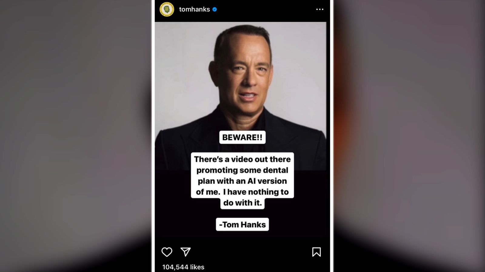 A screenshot of a Tom Hanks Instagram post warning against an AI version of the actor 