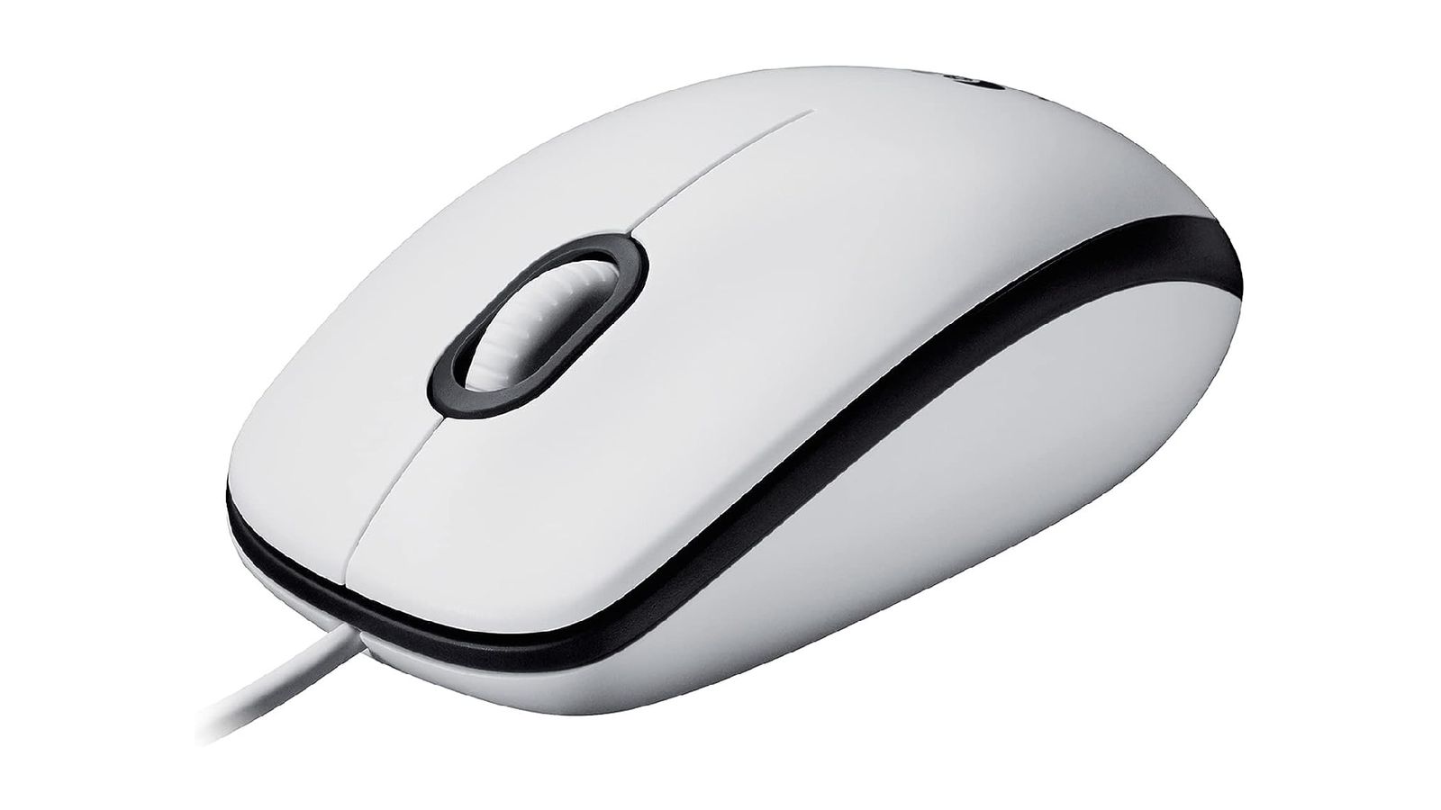 Logitech M100 product image of a white wired mouse with black details around the edge and around the scroll wheel.