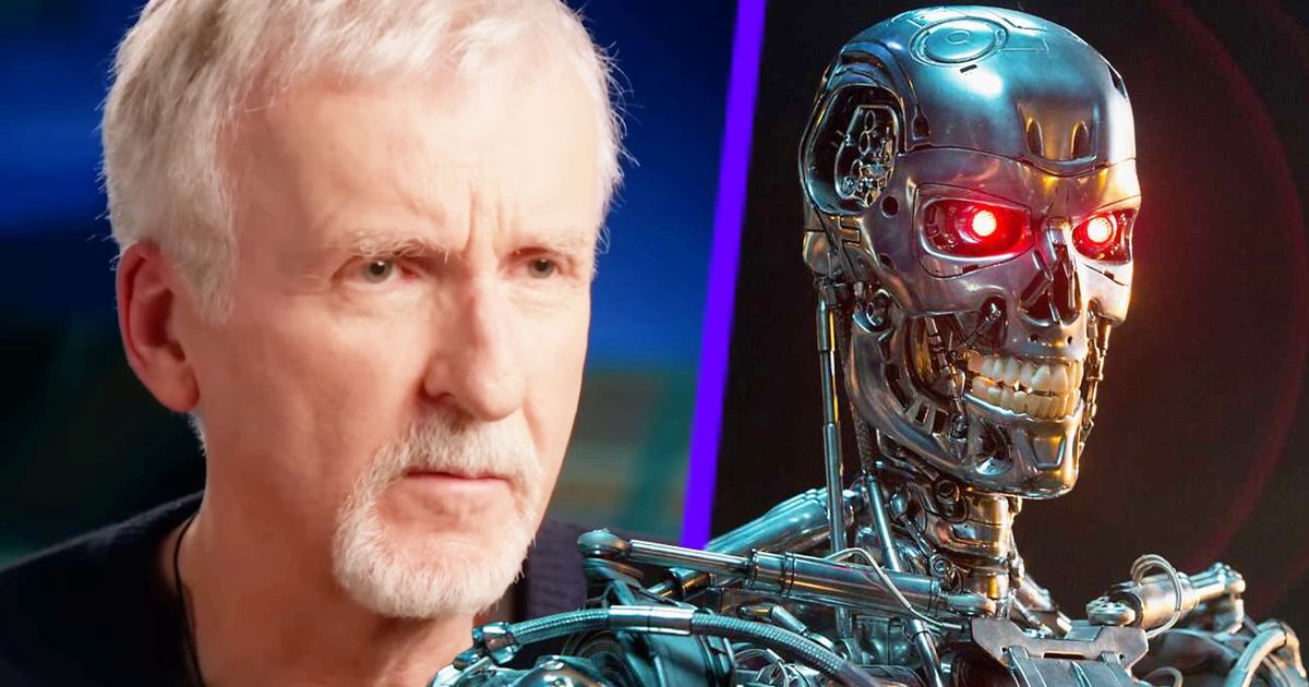 An image of a concerned James Cameron next to an AI robot from Terminator