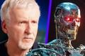 An image of a concerned James Cameron next to an AI robot from Terminator