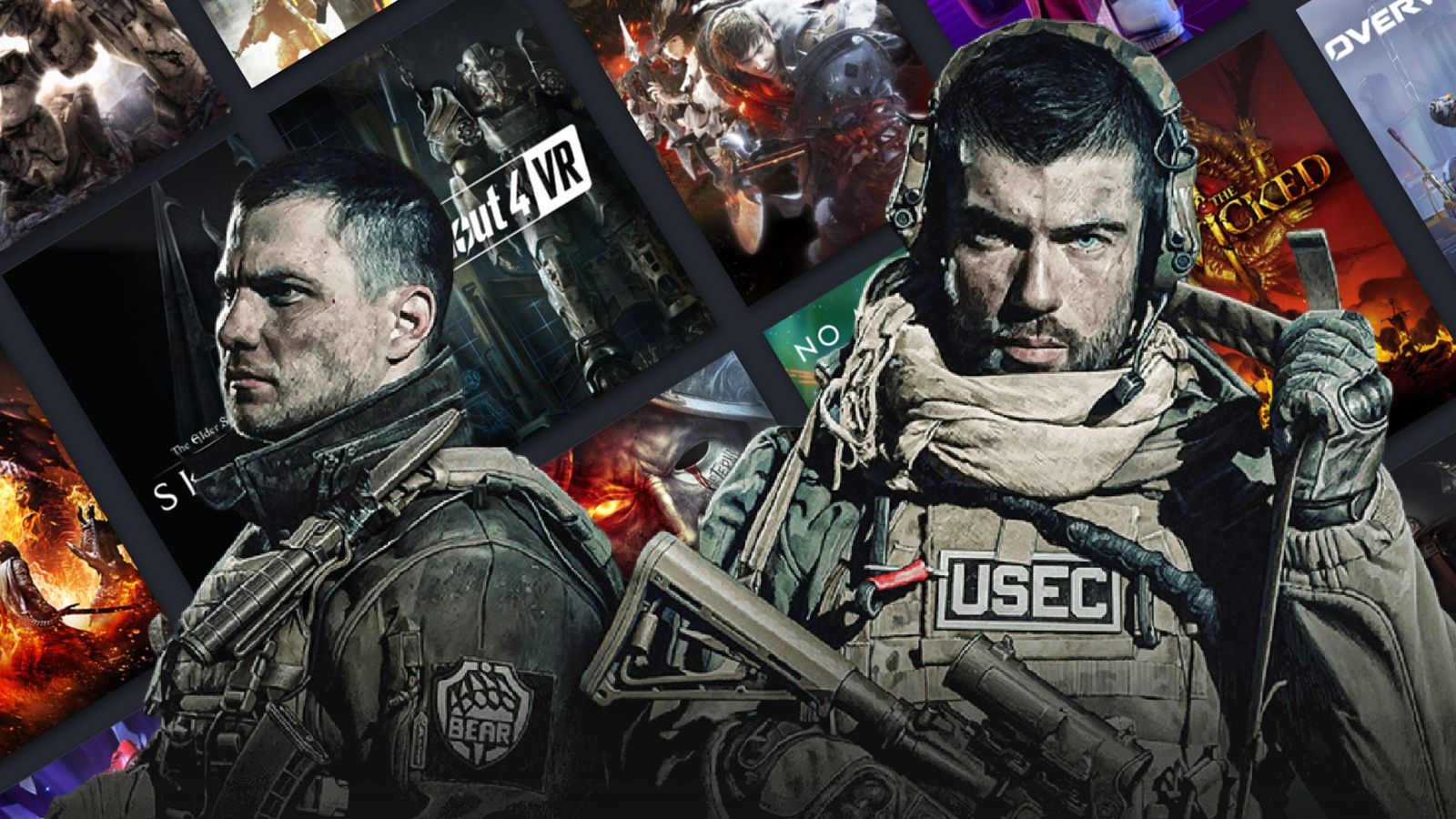 Two solders from Escape from Tarkov in front of a Steam library page