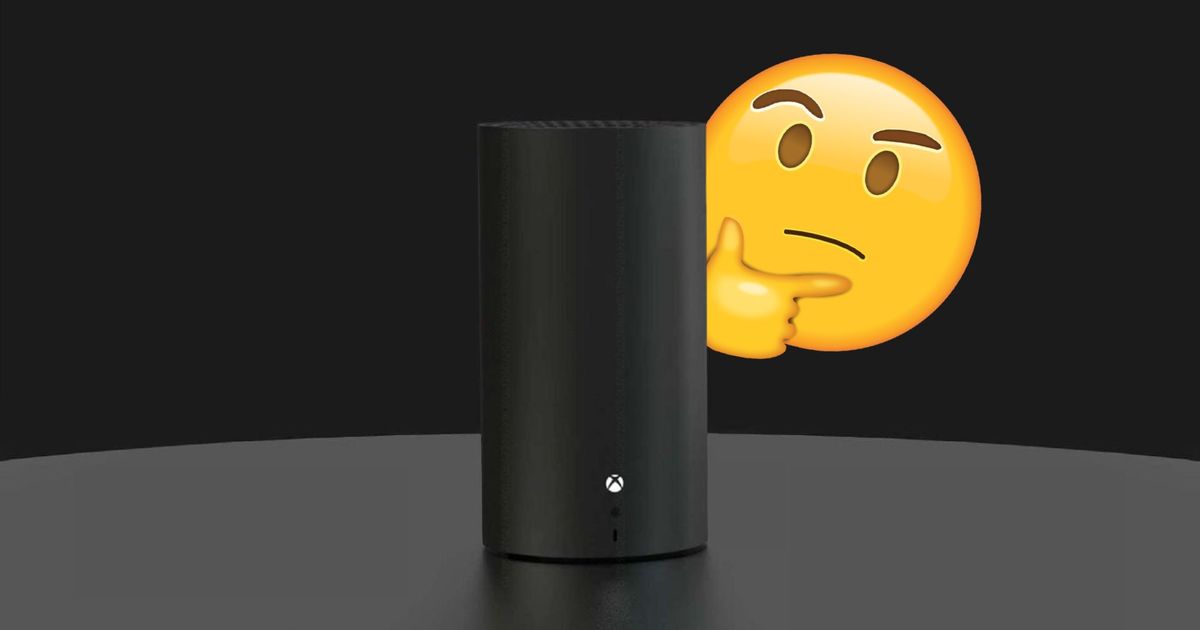 Xbox "Brooklin" console from FTC leaks in front of an Apple thinking emoji