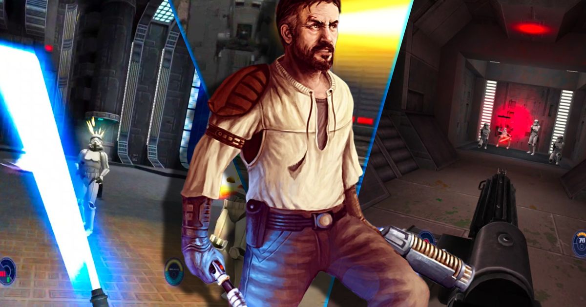 Kyle Katarn standing on a three-split image of Jedi Outcast VR gameplay. Left: lightsaber combat against a Stormtrooper; Middle: AT-ST firing at player; Right: Blaster gameplay against Stormtrooper