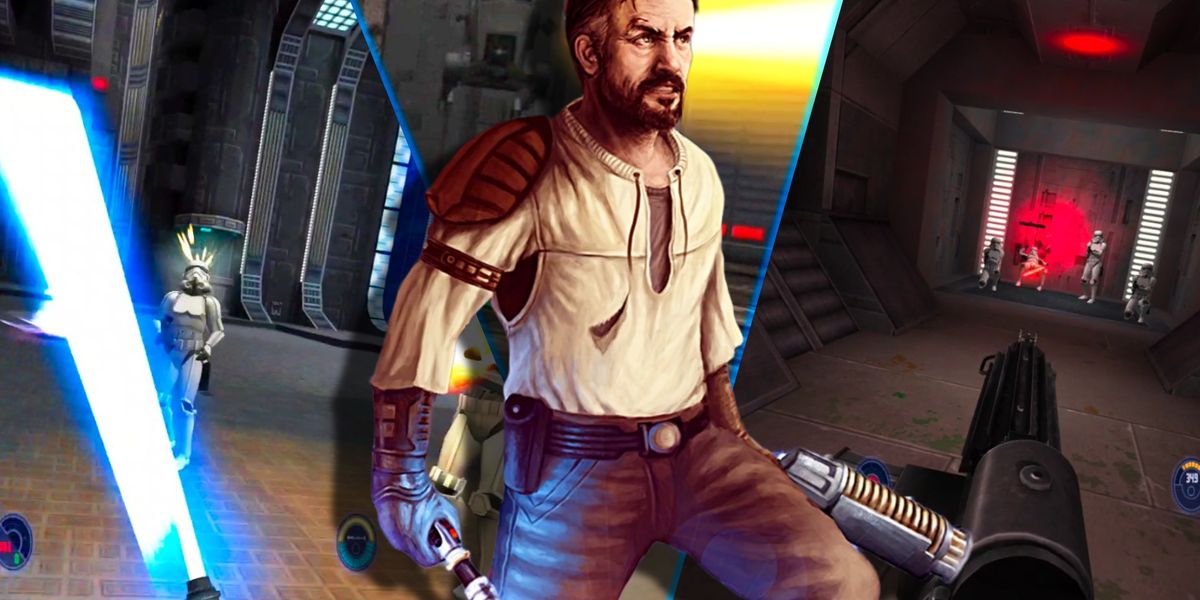 Kyle Katarn standing on a three-split image of Jedi Outcast VR gameplay. Left: lightsaber combat against a Stormtrooper; Middle: AT-ST firing at player; Right: Blaster gameplay against Stormtrooper