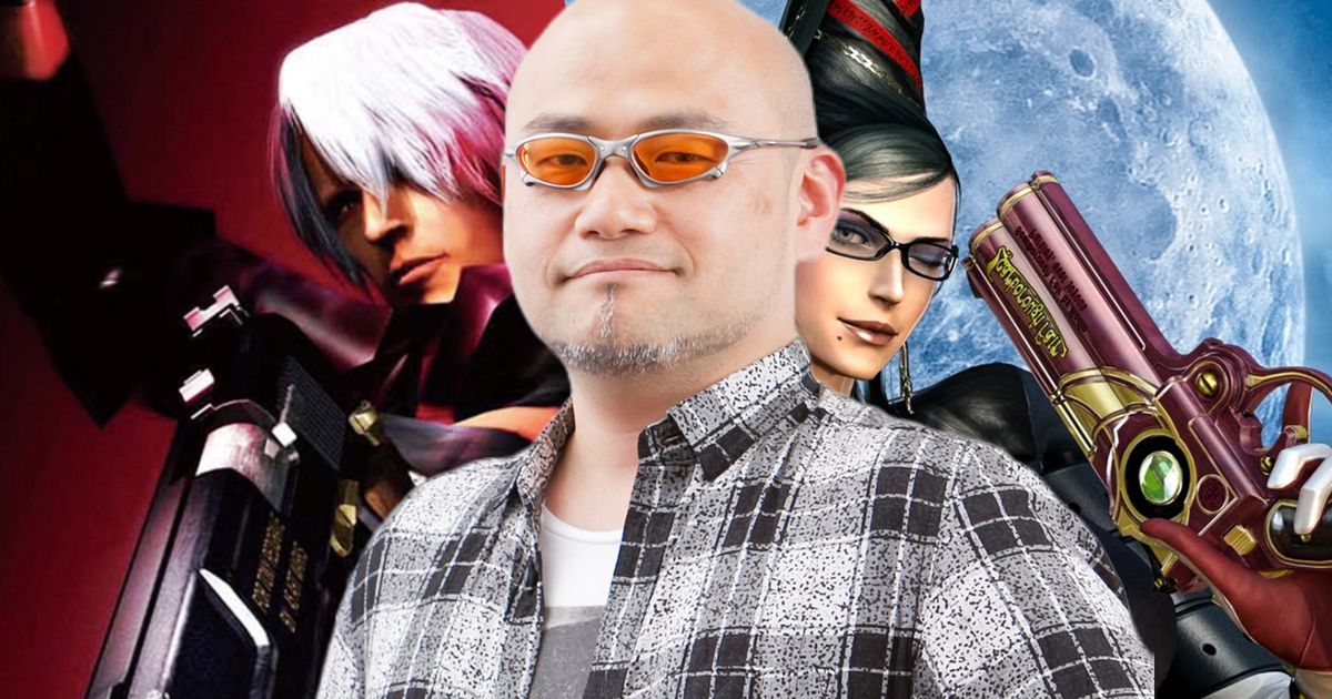 Hideki Kamiya, PlatinumGames founder, on a background of Dante from Devil May Cry and Bayonetta 